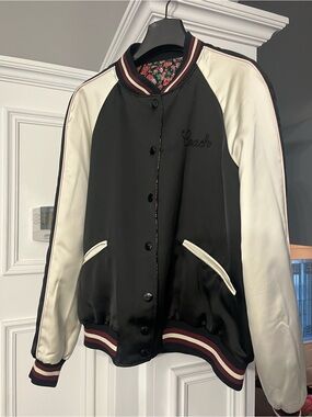 Coach Black and Cream Varsity Satin Bomber Jacket with Burgundy Trim
